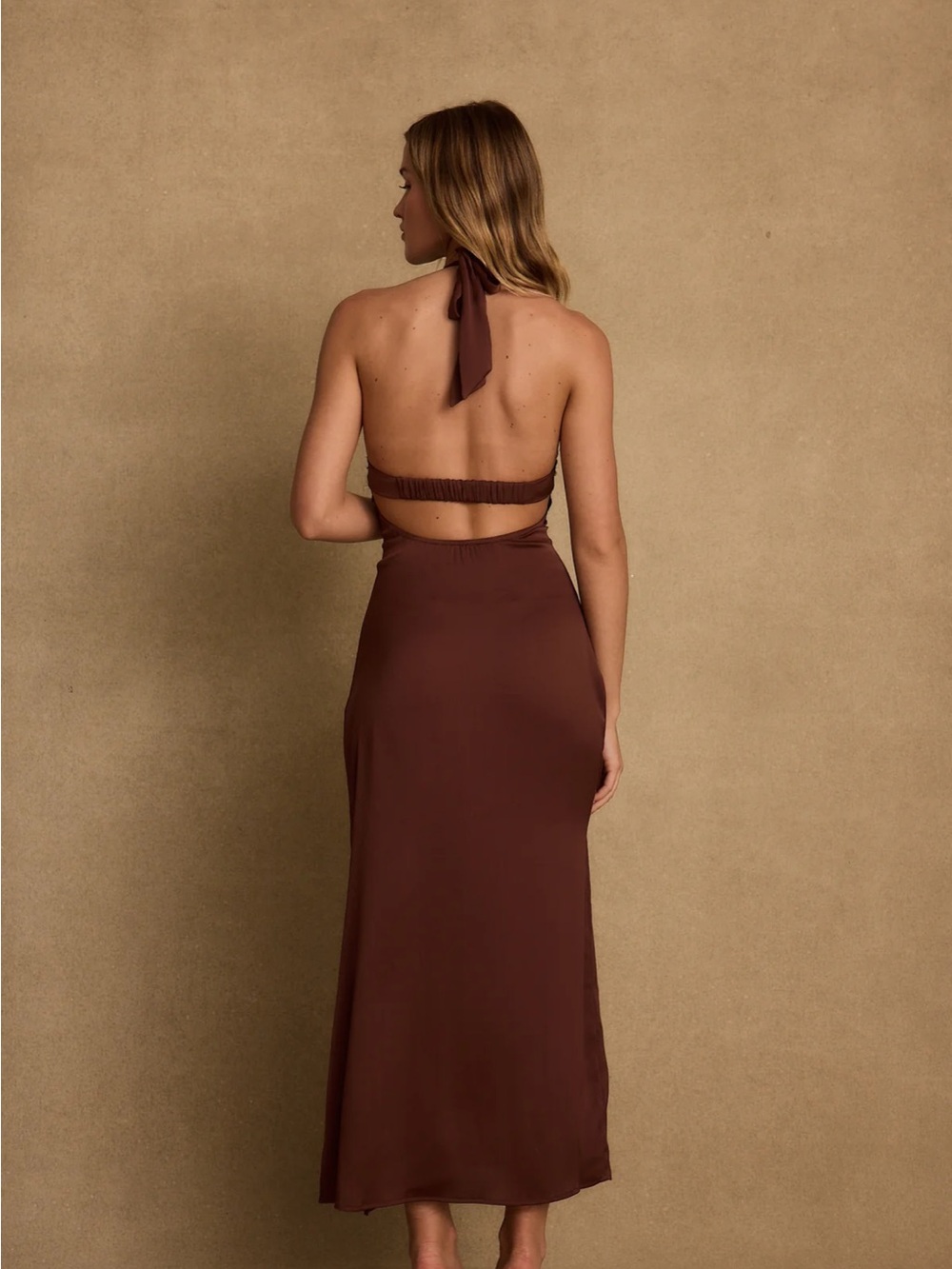 12th Tribe Chocolate Brown Satin Slip Dress with Black Lace - Picture 3 of 3